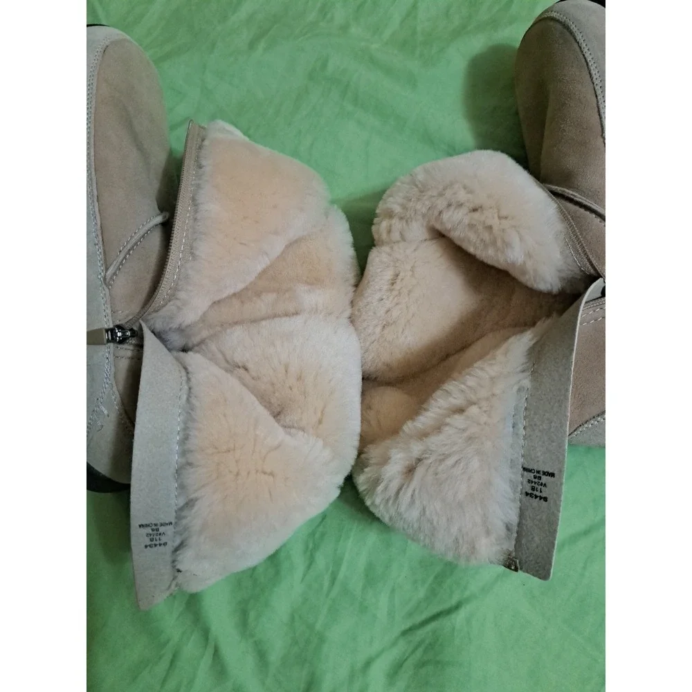 Land's End Women's Beige Suede Leather Winter Fur Zipper Snow Boots # 94434 11 B